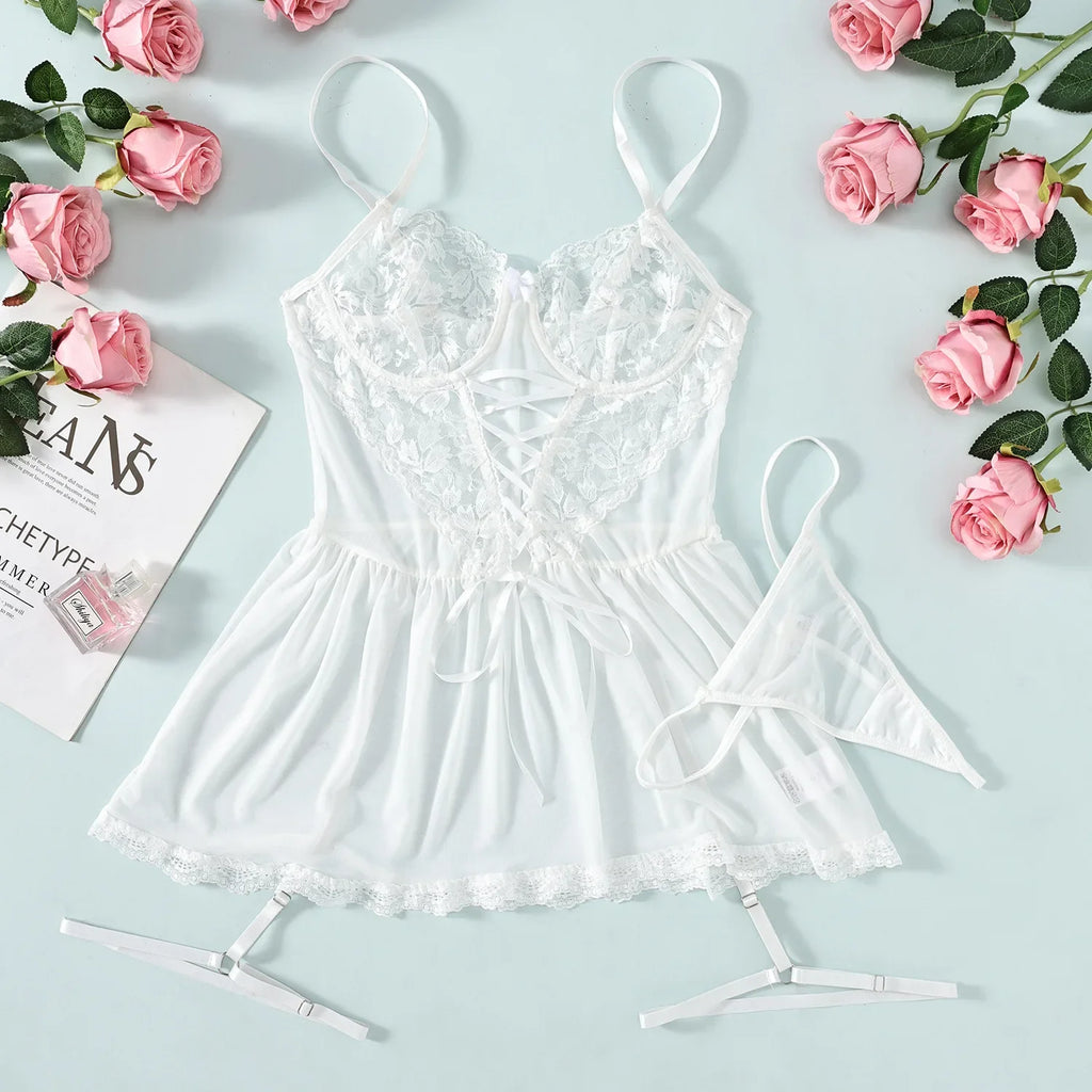 Women's Lace Bra, Panty & Garter Set – Elegant Sheer Lingerie Collection | Romantic Intimate Wear for Women
