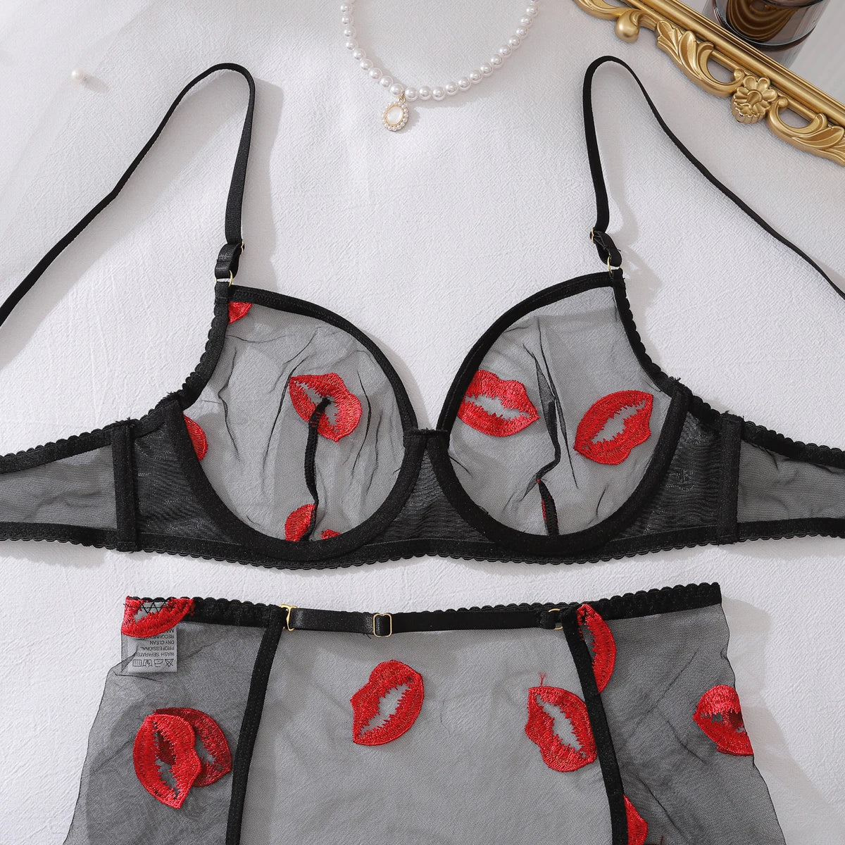New Women's Mesh Perspective Red Lips Pure Desire Sexy Body Shaping Thin Underwear Split Four Piece Set