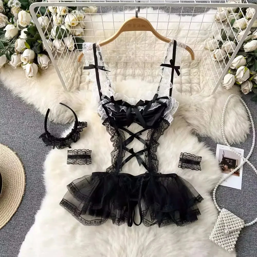 Japan Hotsweet Women's Sleepwear Set Strapless Cut Petal Sleeve Crop Top With Lace Up Pleat Mini Skirt Sexy Erotic Lingerie Set