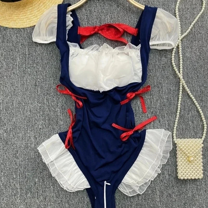 Female Sleevless Halter Playsuits Lace Sheer Open Crotch Lingerie Rompers Women Erotic Hollow Out Sexy Bodysuits Bow Jumpsuit