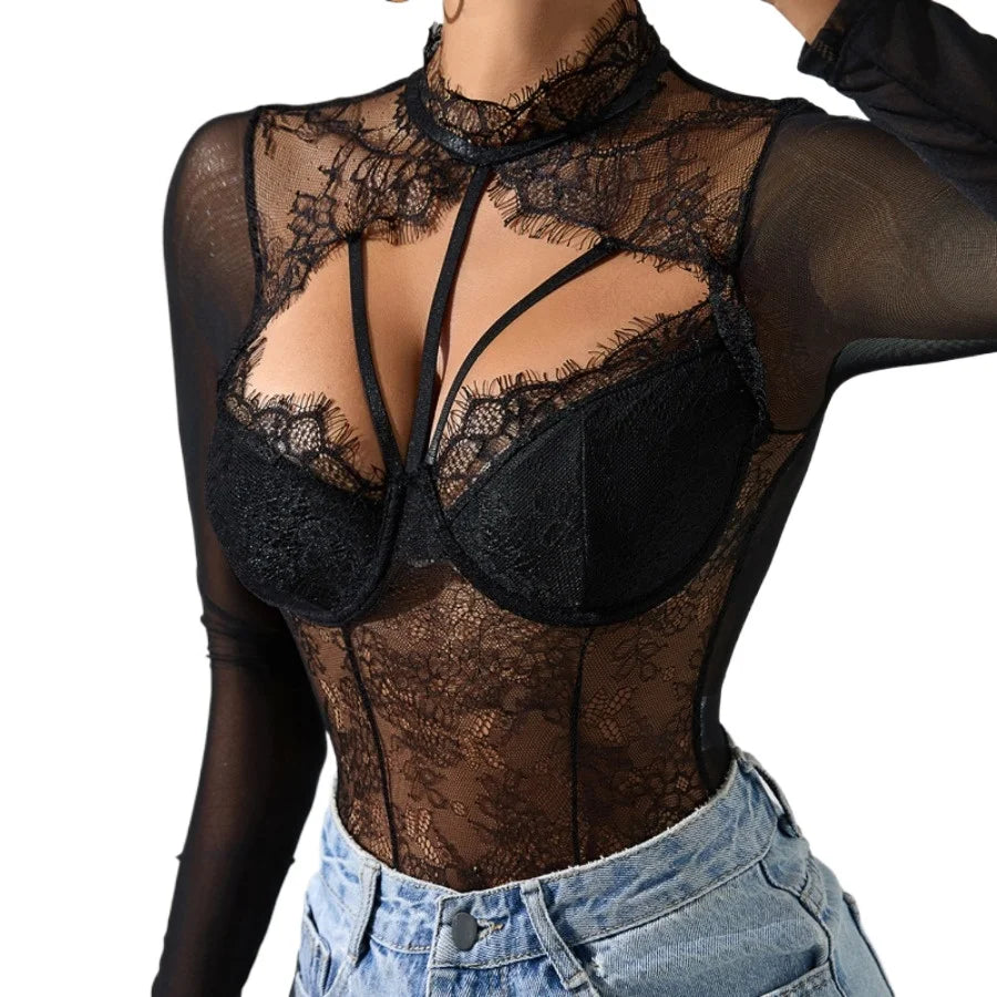 Sexy Lace Corset Shapewear Bodysuit Womens Long Sleesve Bodyshaper Slim O-Neck Jumpsuit Lingerie with Underwire Onesie Nightclub