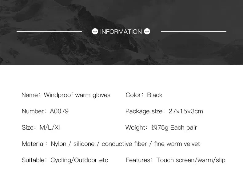Autumn Winter Outdoor Cycling Gloves Gym Fitness Sports Running Warm Touch Screen Nonslip Gloves Motorcycle Gloves Men Black