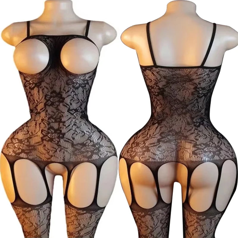 Red Erotic Wrap Hips Lingerie Women Fishnet Hollow Bra Set Sexy Open Back Teddy Body Suits Turtleneck Long Sleeve Underwear Sets