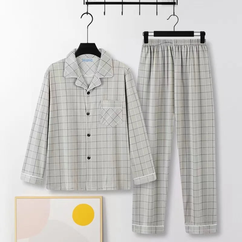 Casual Pure Cotton Men's Sleepwear Long Sleeve Long Pants Two-Piece Set Plaid Striped Simple Wearable Home Clothes
