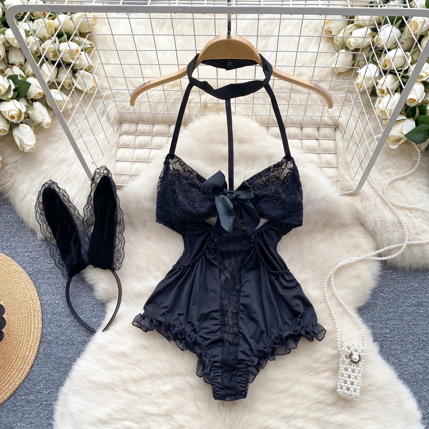 Female Sleevless Halter Playsuits Lace Sheer Open Crotch Lingerie Rompers Women Erotic Hollow Out Sexy Bodysuits Bow Jumpsuit