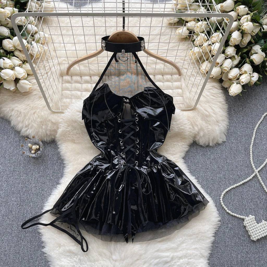 Female Sleevless Halter Playsuits Lace Sheer Open Crotch Lingerie Rompers Women Erotic Hollow Out Sexy Bodysuits Bow Jumpsuit