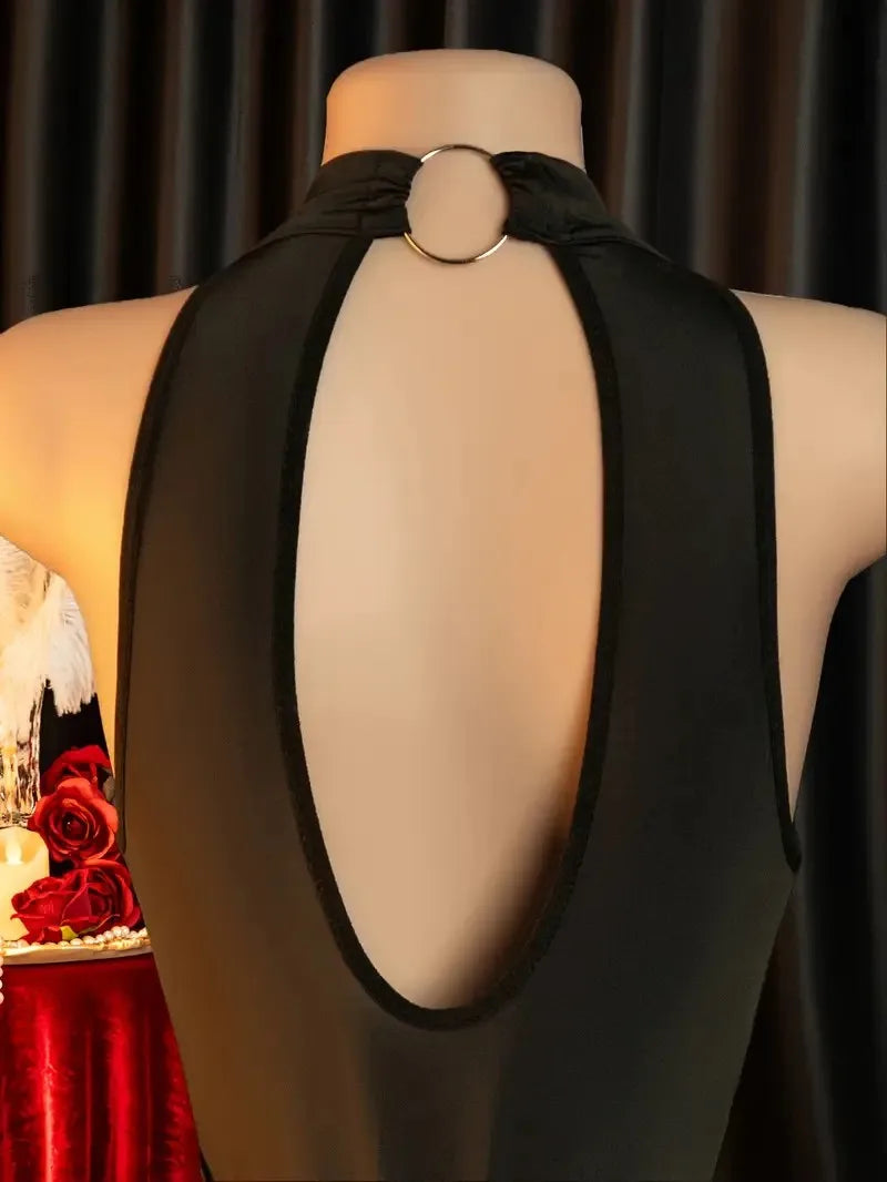 Erotic Open Bra Lingerie Women Sexy Costumes Deep V Hollow Bodysuit Hanging Neck Maid Dress Cosplay Uniform Crotchless Underwear