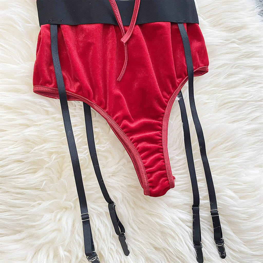 Ellolace Bunny Christmas Lingerie Bodysuit Velvet Red Erotic Costumes Hair Band Deep-V Sweet Girl Festival Set Woman 3 Pieces