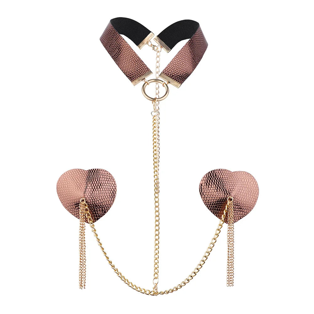 Sexy Metal Chain Linked Nipple Cover With Choker Nipple Pasties  Reusable Women Bondage Choker Collar Body Chain Sex Games Toys