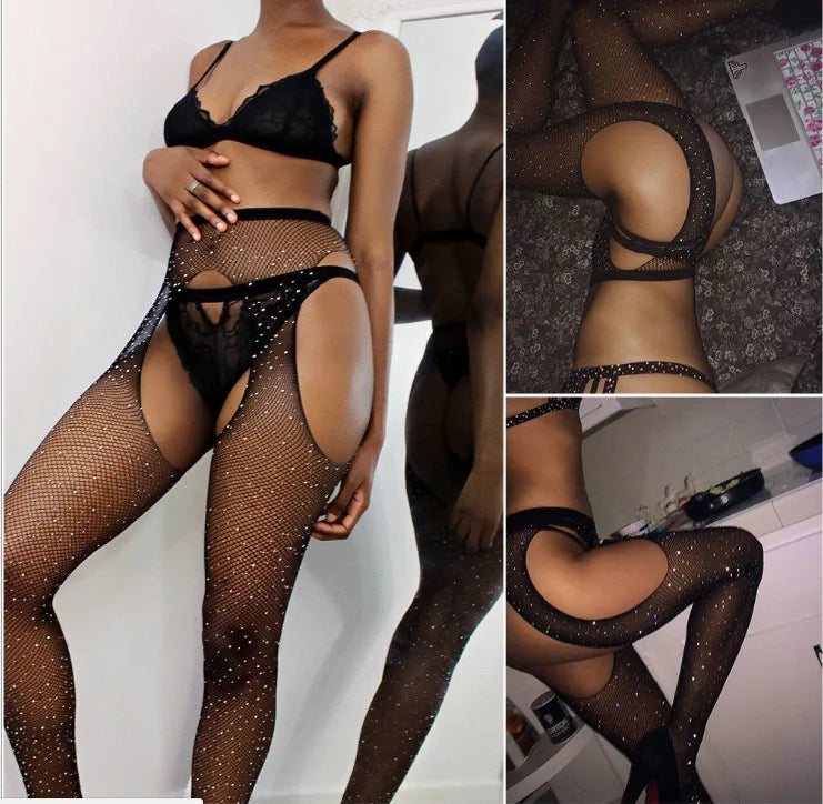Women's Rhinestone Fishnet Pantyhose – Elegant Mesh Stockings with Open Design | Stretch Nylon Hosiery for Special Occasions