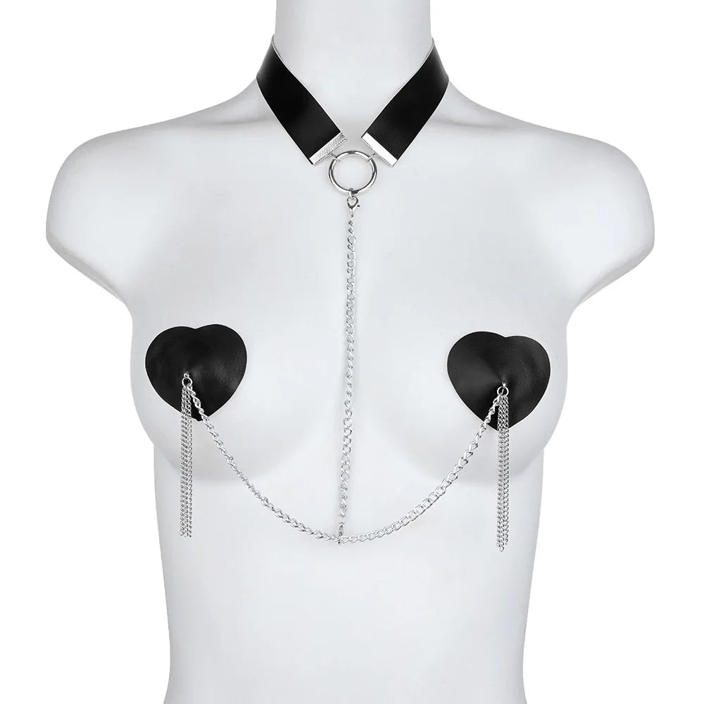Sexy Metal Chain Linked Nipple Cover With Choker Nipple Pasties  Reusable Women Bondage Choker Collar Body Chain Sex Games Toys
