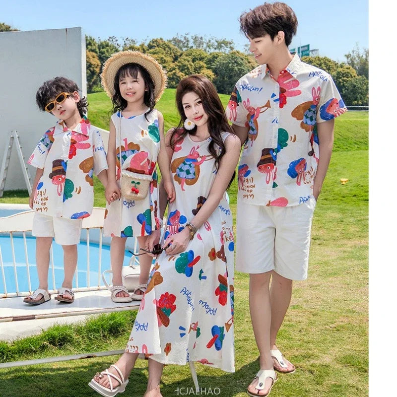 Couple Look Family Matching Outfits Parent-child Clothes Mother Daughter Sleeveless Dress Father Vacation Area Son Beach Shirts