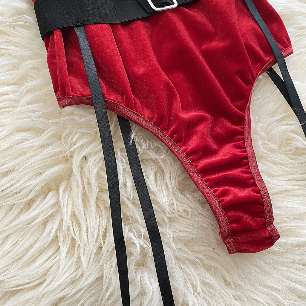 Ellolace Bunny Christmas Lingerie Bodysuit Velvet Red Erotic Costumes Hair Band Deep-V Sweet Girl Festival Set Woman 3 Pieces