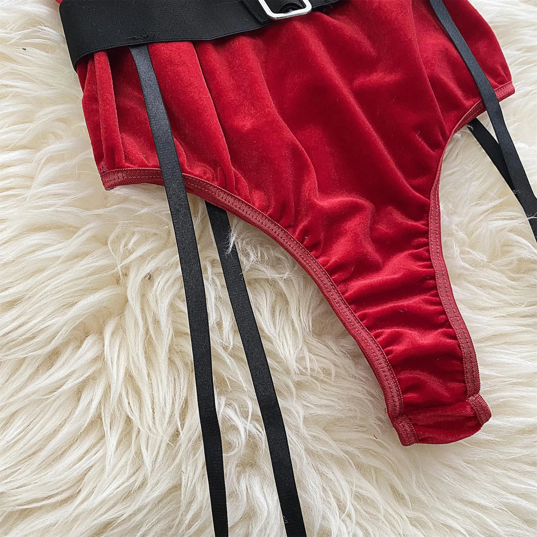 Ellolace Bunny Christmas Lingerie Bodysuit Velvet Red Erotic Costumes Hair Band Deep-V Sweet Girl Festival Set Woman 3 Pieces
