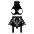 Lingerie Sexy Set Women Wetlook Patent Leather Wire-free Open Cup Sexy Bra with Ruffle Built-in Thongs Garter Belt Mini Skirts