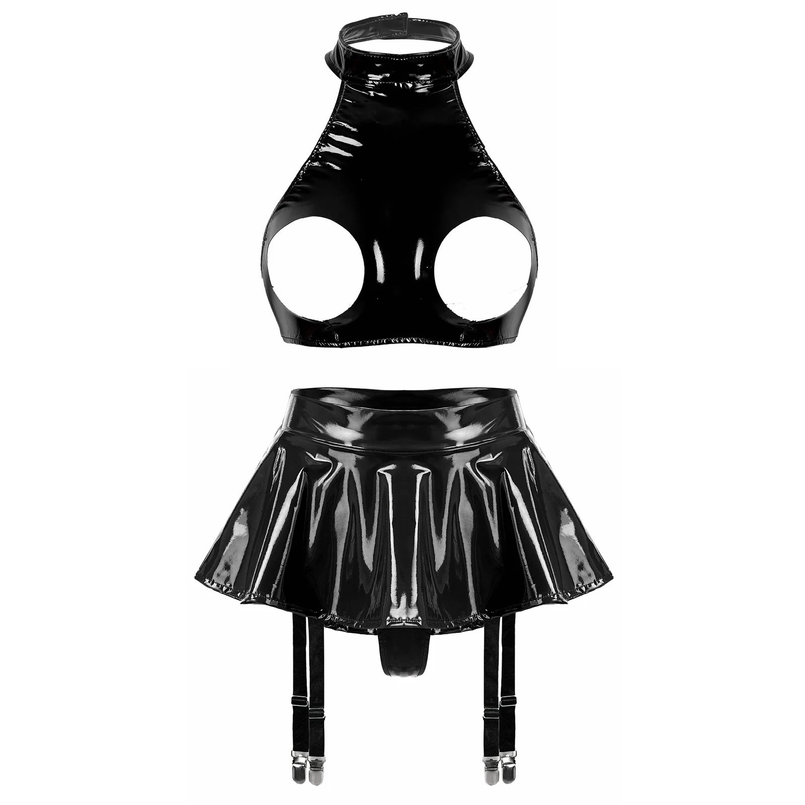 Lingerie Sexy Set Women Wetlook Patent Leather Wire-free Open Cup Sexy Bra with Ruffle Built-in Thongs Garter Belt Mini Skirts