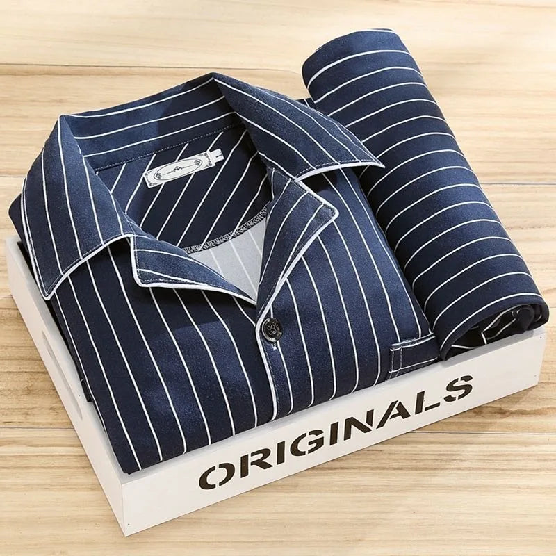 Casual Pure Cotton Men's Sleepwear Long Sleeve Long Pants Two-Piece Set Plaid Striped Simple Wearable Home Clothes