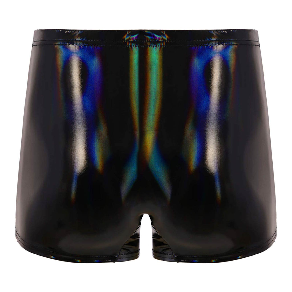 Mens Patent Leather Shorts Dance Performance Clubwear Wet Look Pants Elastic Waistband ShortsBulge Pouch Boxer Briefs Shorts