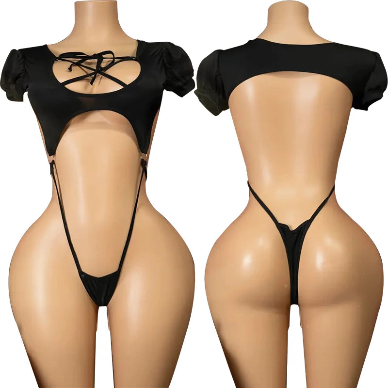 Erotic Open Bra Lingerie Women Sexy Costumes Deep V Hollow Bodysuit Hanging Neck Maid Dress Cosplay Uniform Crotchless Underwear