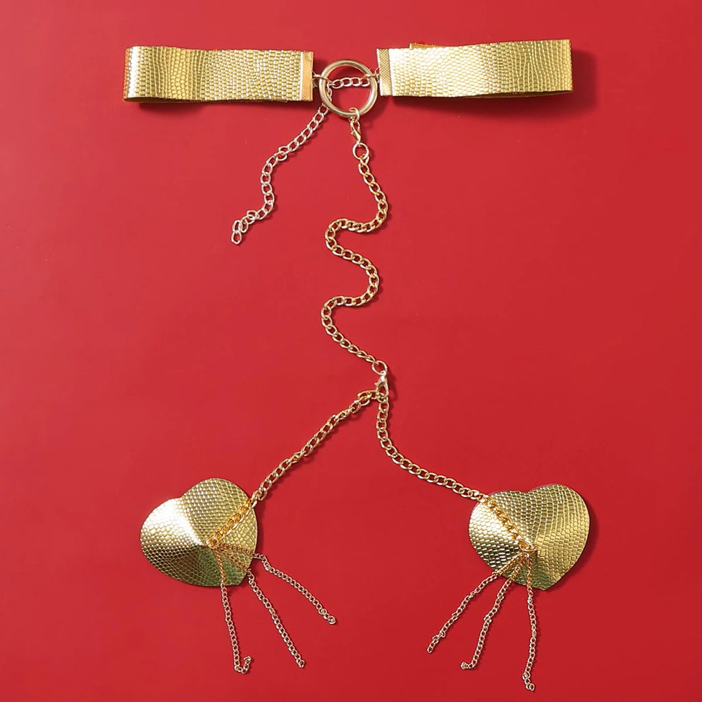 Sexy Metal Chain Linked Nipple Cover With Choker Nipple Pasties  Reusable Women Bondage Choker Collar Body Chain Sex Games Toys