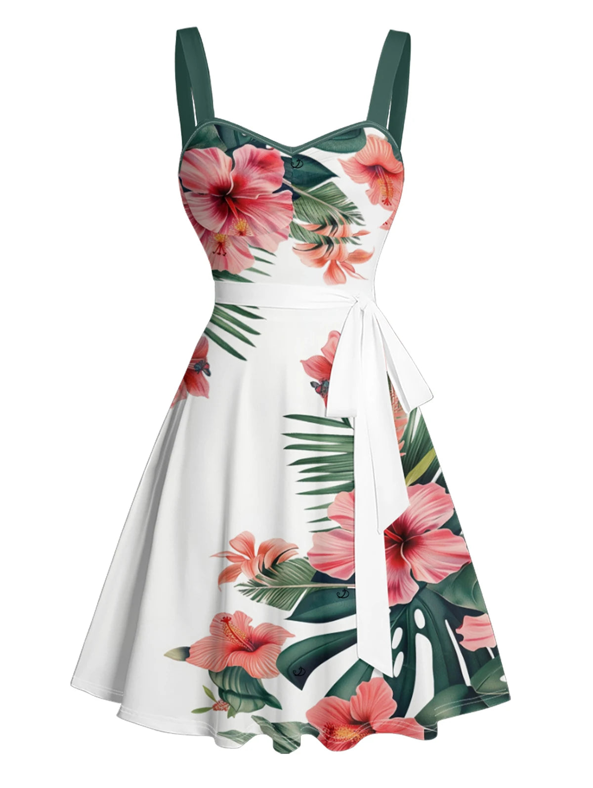 Dressfo Couple Matching set Hawaii Vacation Tropical Flower Print Belted Mini Dress And Short Sleeve Shirt Matching Outfit