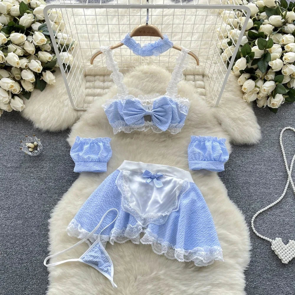 Female Sleevless Halter Playsuits Lace Sheer Open Crotch Lingerie Rompers Women Erotic Hollow Out Sexy Bodysuits Bow Jumpsuit