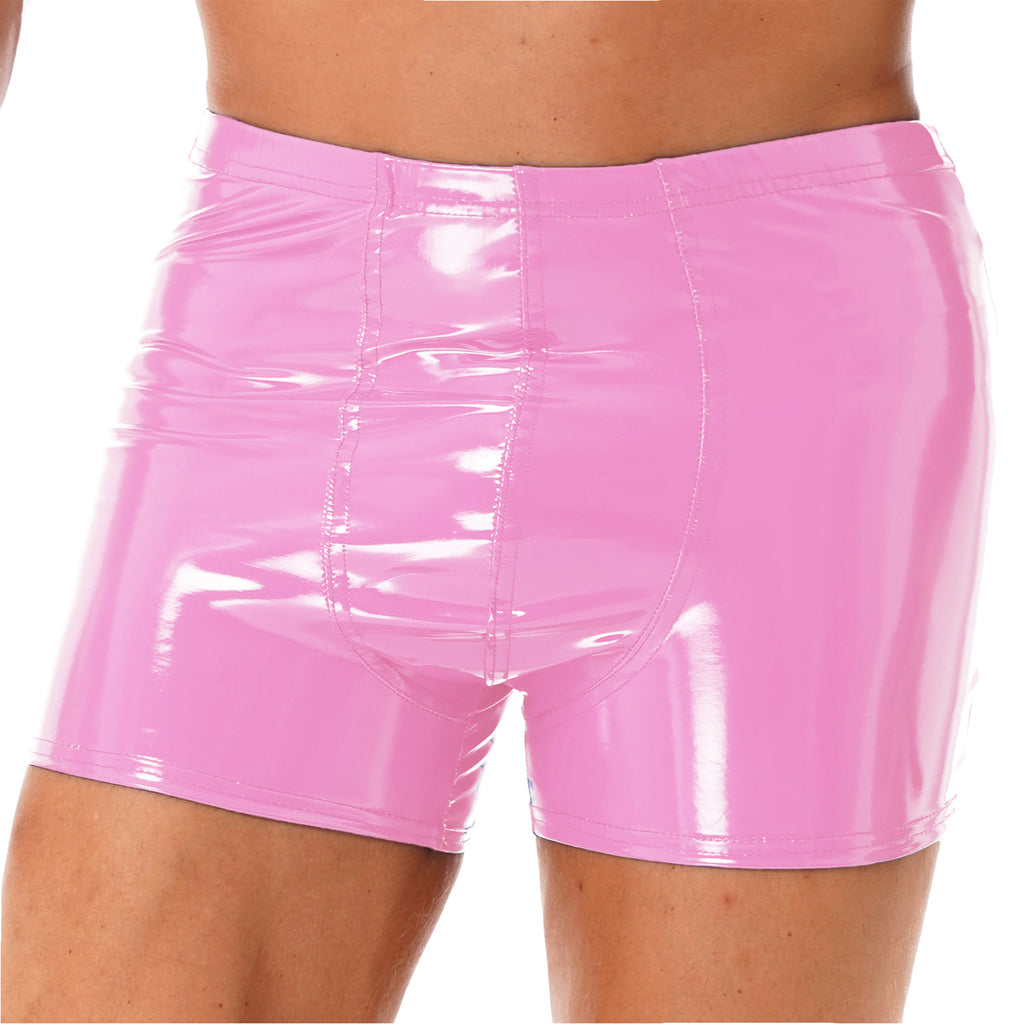 Mens Patent Leather Shorts Dance Performance Clubwear Wet Look Pants Elastic Waistband ShortsBulge Pouch Boxer Briefs Shorts