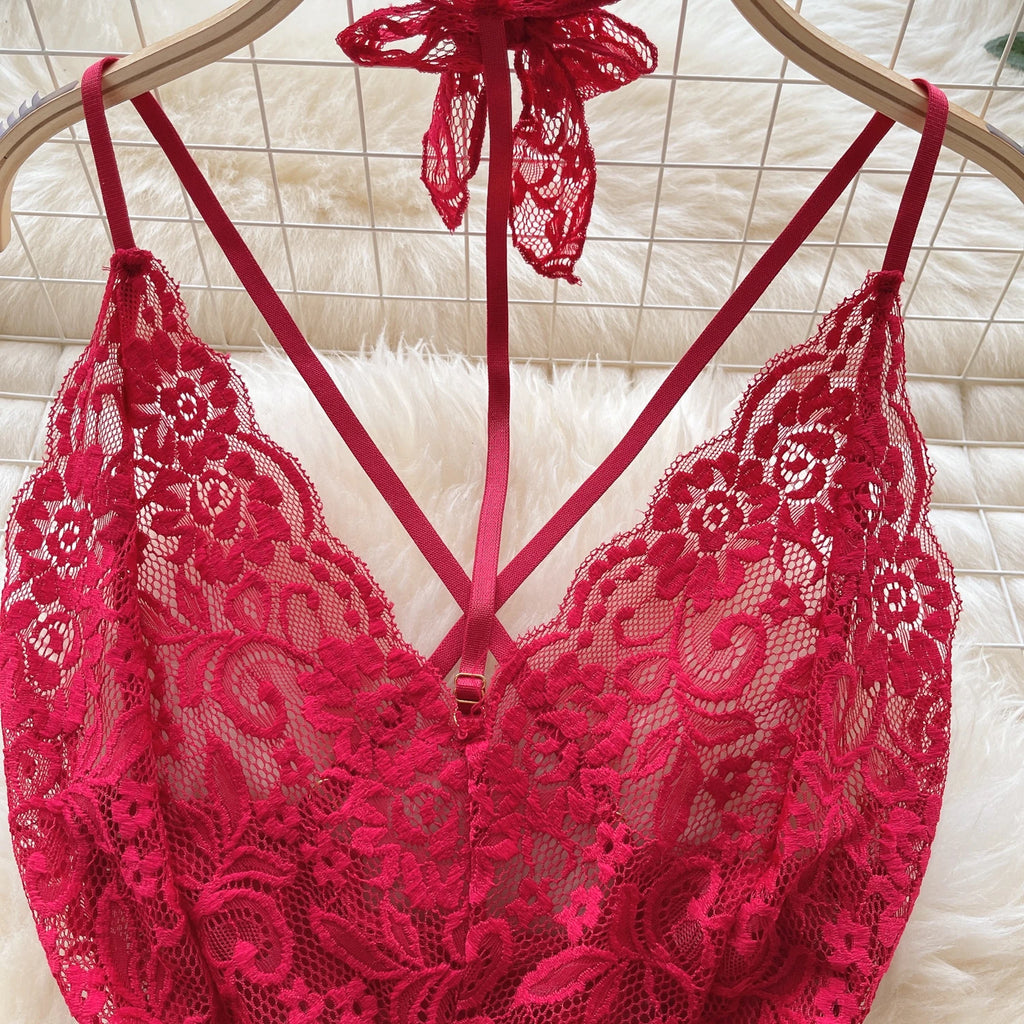 Sexy Lace Strap Jumpsuit Slim Fit Transparent Women's Pajamas Halter Playsuit Erotic Lingerie Catsuit Backless Hollowed Bodysuit