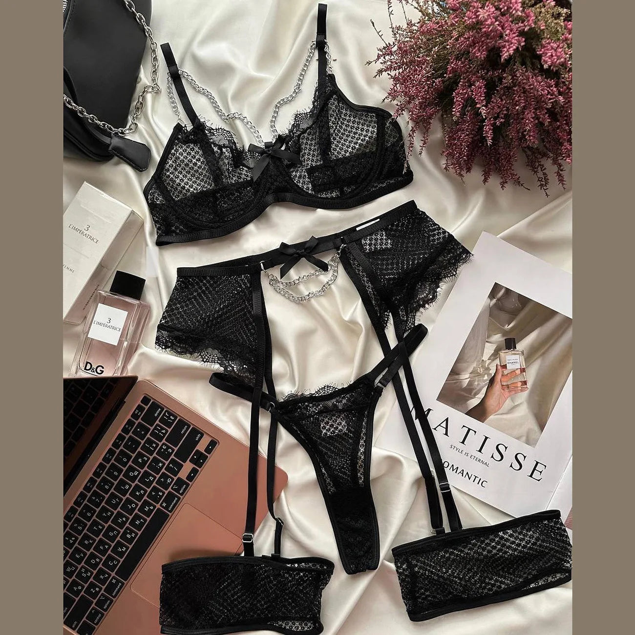 Women's Lace Garter Lingerie Set – Underwire Bra, Thong Panty & Garter Belt | Elegant Intimate Wear for Women