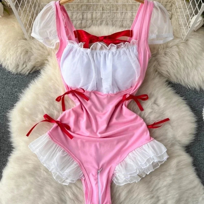 Female Sleevless Halter Playsuits Lace Sheer Open Crotch Lingerie Rompers Women Erotic Hollow Out Sexy Bodysuits Bow Jumpsuit