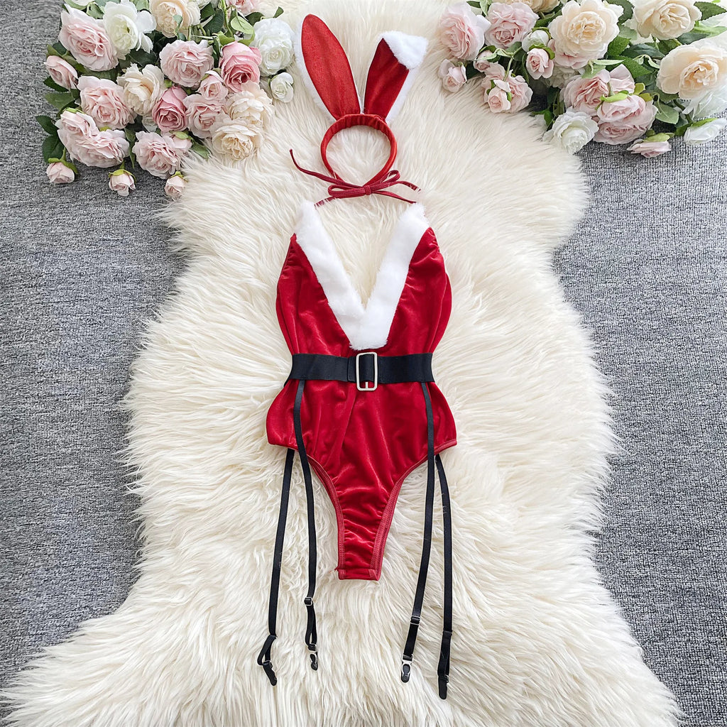 Ellolace Bunny Christmas Lingerie Bodysuit Velvet Red Erotic Costumes Hair Band Deep-V Sweet Girl Festival Set Woman 3 Pieces