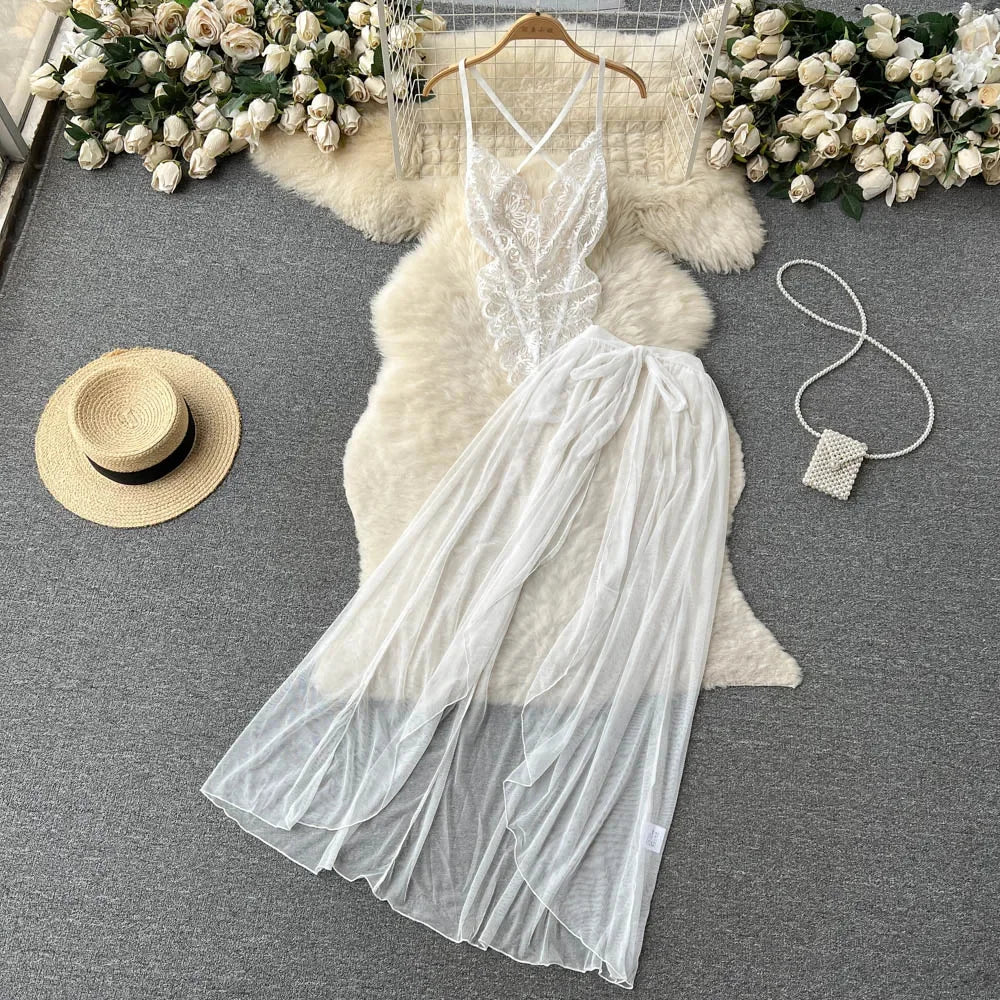 Female Sleevless Halter Playsuits Lace Sheer Open Crotch Lingerie Rompers Women Erotic Hollow Out Sexy Bodysuits Bow Jumpsuit