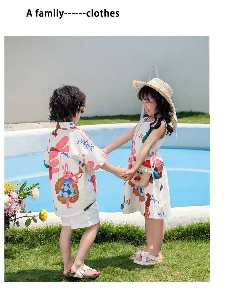 Couple Look Family Matching Outfits Parent-child Clothes Mother Daughter Sleeveless Dress Father Vacation Area Son Beach Shirts