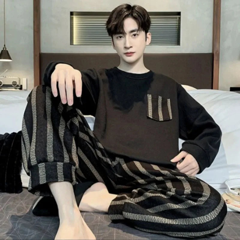Two Piece Plus Size Men Pajamas Long Sleeve Loose Breathable Cartoon Bear Striped Letters Black Crew Neck Loungewear Set pj