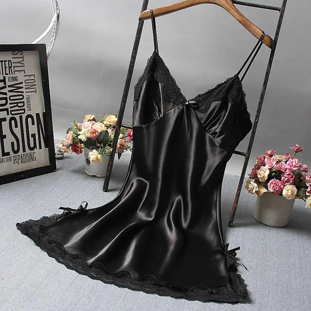 Cute Lace Camisola Patchwork Women's Nightgowns Silk Dress Bowknots Lingerie Nighty Women