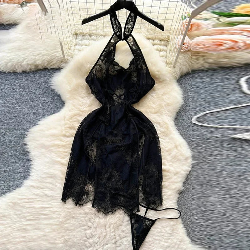 Female Sleevless Halter Playsuits Lace Sheer Open Crotch Lingerie Rompers Women Erotic Hollow Out Sexy Bodysuits Bow Jumpsuit