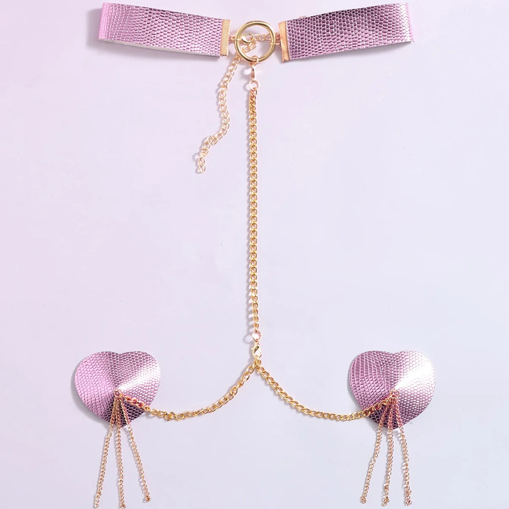 Sexy Metal Chain Linked Nipple Cover With Choker Nipple Pasties  Reusable Women Bondage Choker Collar Body Chain Sex Games Toys