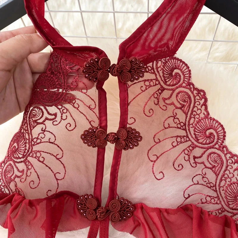 Female Sleevless Halter Playsuits Lace Sheer Open Crotch Lingerie Rompers Women Erotic Hollow Out Sexy Bodysuits Bow Jumpsuit