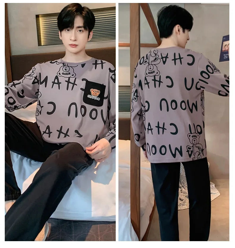 Two Piece Plus Size Men Pajamas Long Sleeve Loose Breathable Cartoon Bear Striped Letters Black Crew Neck Loungewear Set pj