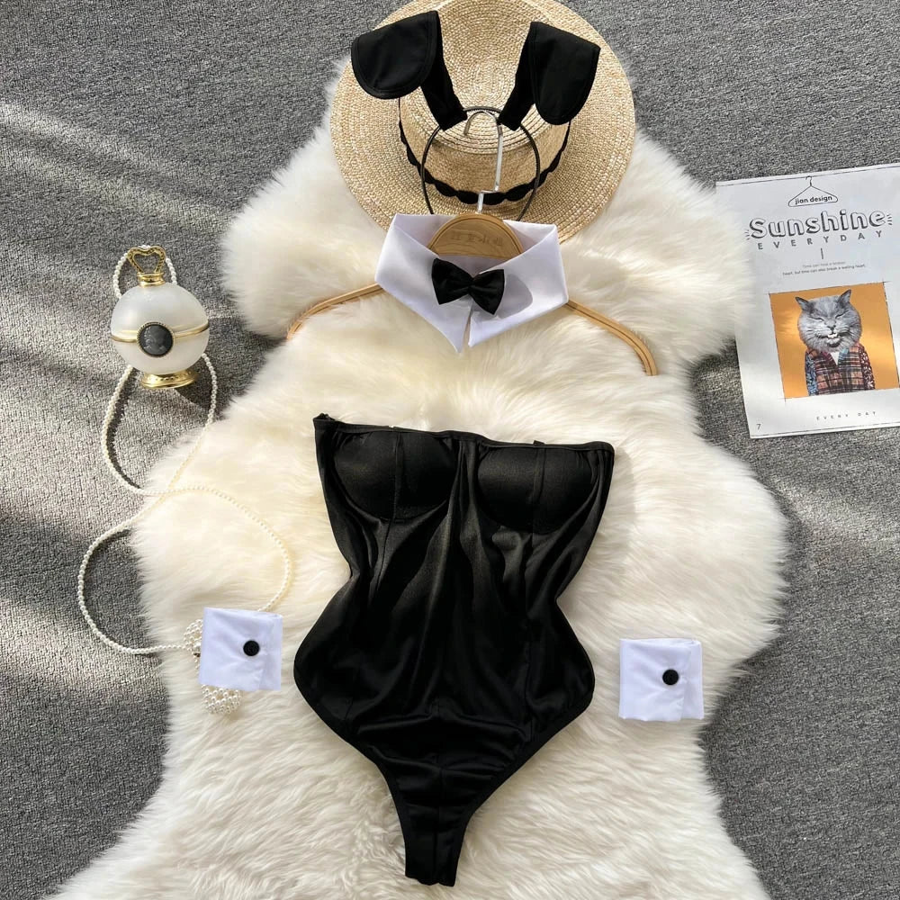 Red Christmas Cosplay Rabbit girl Jumpsuit Sexy Lingerie Belt Women New In Clothing Casual Backless Hollow Out Lace-up Bodysuit