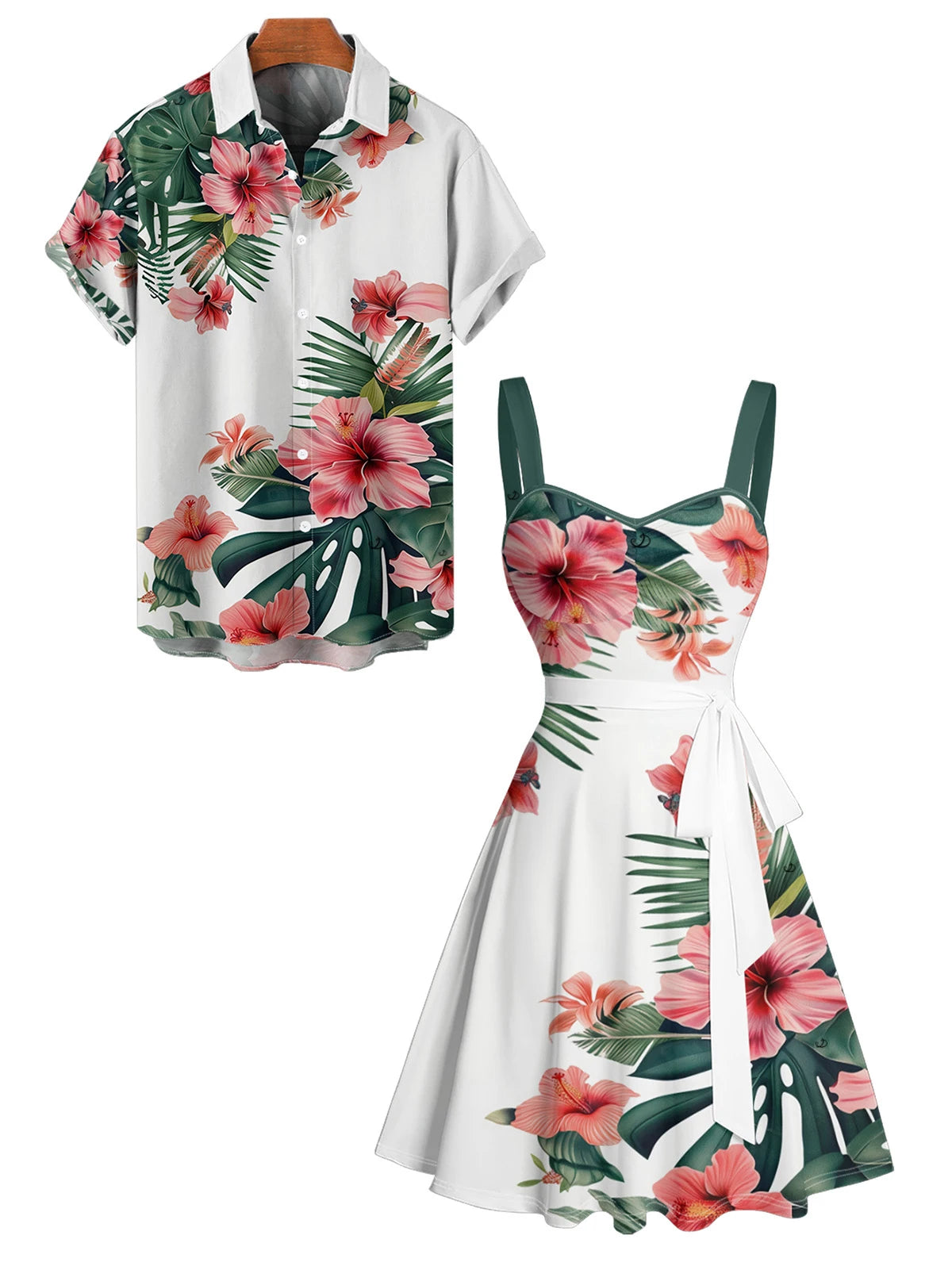 Dressfo Couple Matching set Hawaii Vacation Tropical Flower Print Belted Mini Dress And Short Sleeve Shirt Matching Outfit
