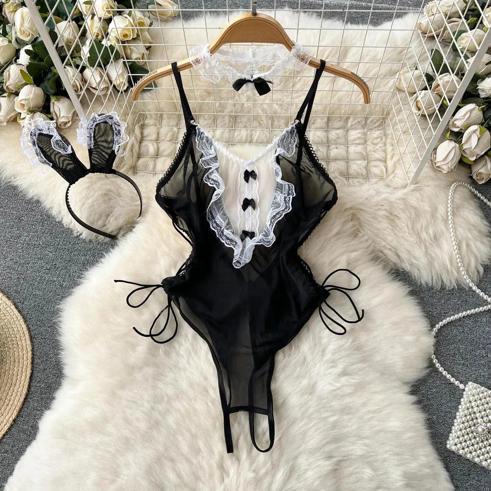 Red Christmas Cosplay Rabbit girl Jumpsuit Sexy Lingerie Belt Women New In Clothing Casual Backless Hollow Out Lace-up Bodysuit