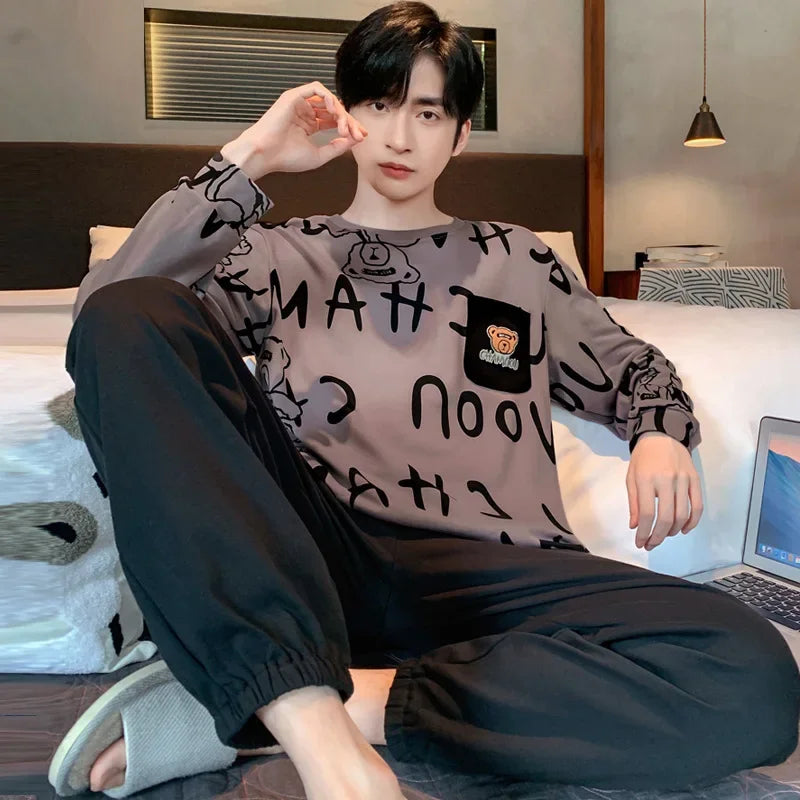 Two Piece Plus Size Men Pajamas Long Sleeve Loose Breathable Cartoon Bear Striped Letters Black Crew Neck Loungewear Set pj
