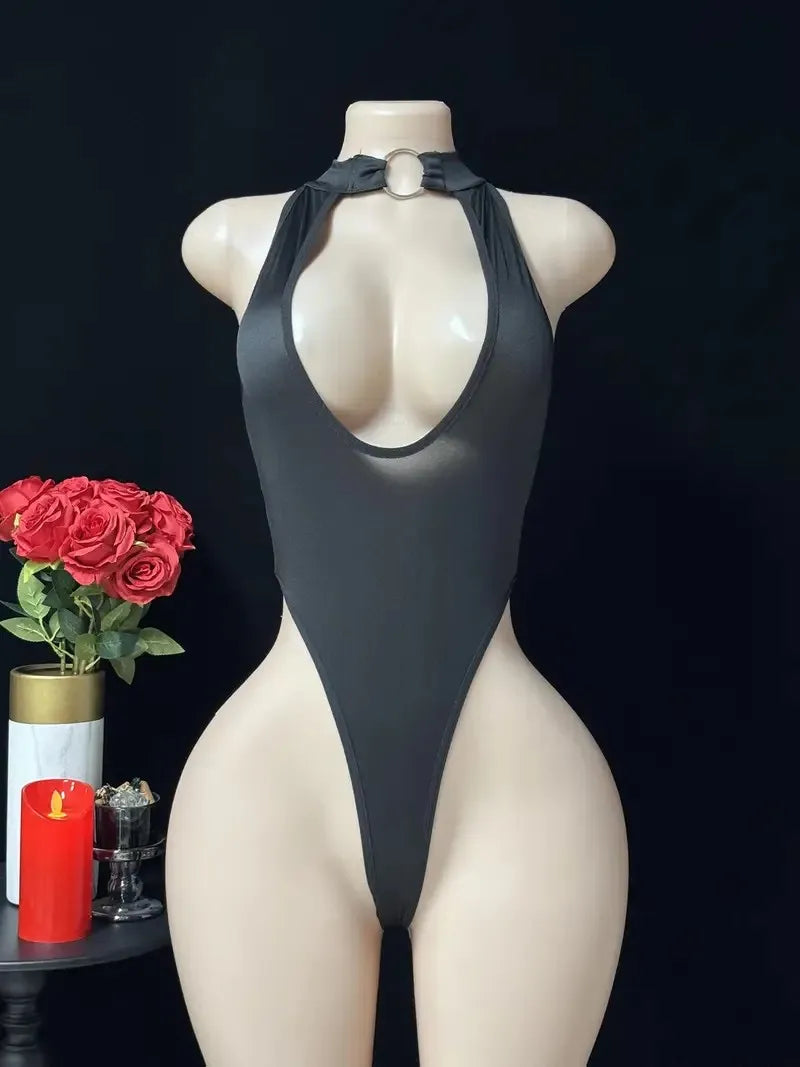 Erotic Open Bra Lingerie Women Sexy Costumes Deep V Hollow Bodysuit Hanging Neck Maid Dress Cosplay Uniform Crotchless Underwear