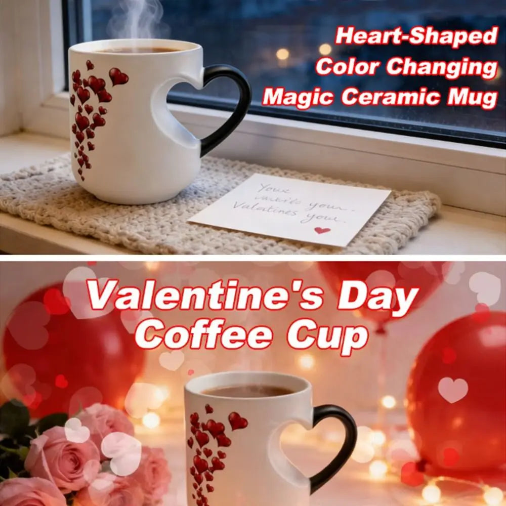 Creative Ceramic Color Changing Mug Heart-Shaped Thermochromic Reveal Coffee Mug 11oz Coffee Cup for Home&Office