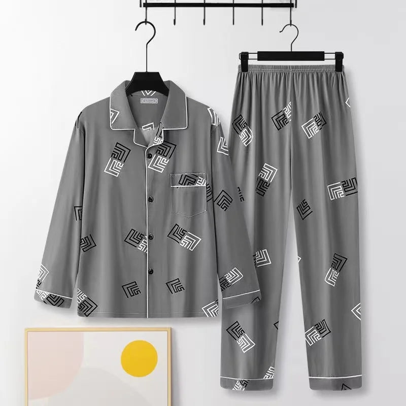 Casual Pure Cotton Men's Sleepwear Long Sleeve Long Pants Two-Piece Set Plaid Striped Simple Wearable Home Clothes