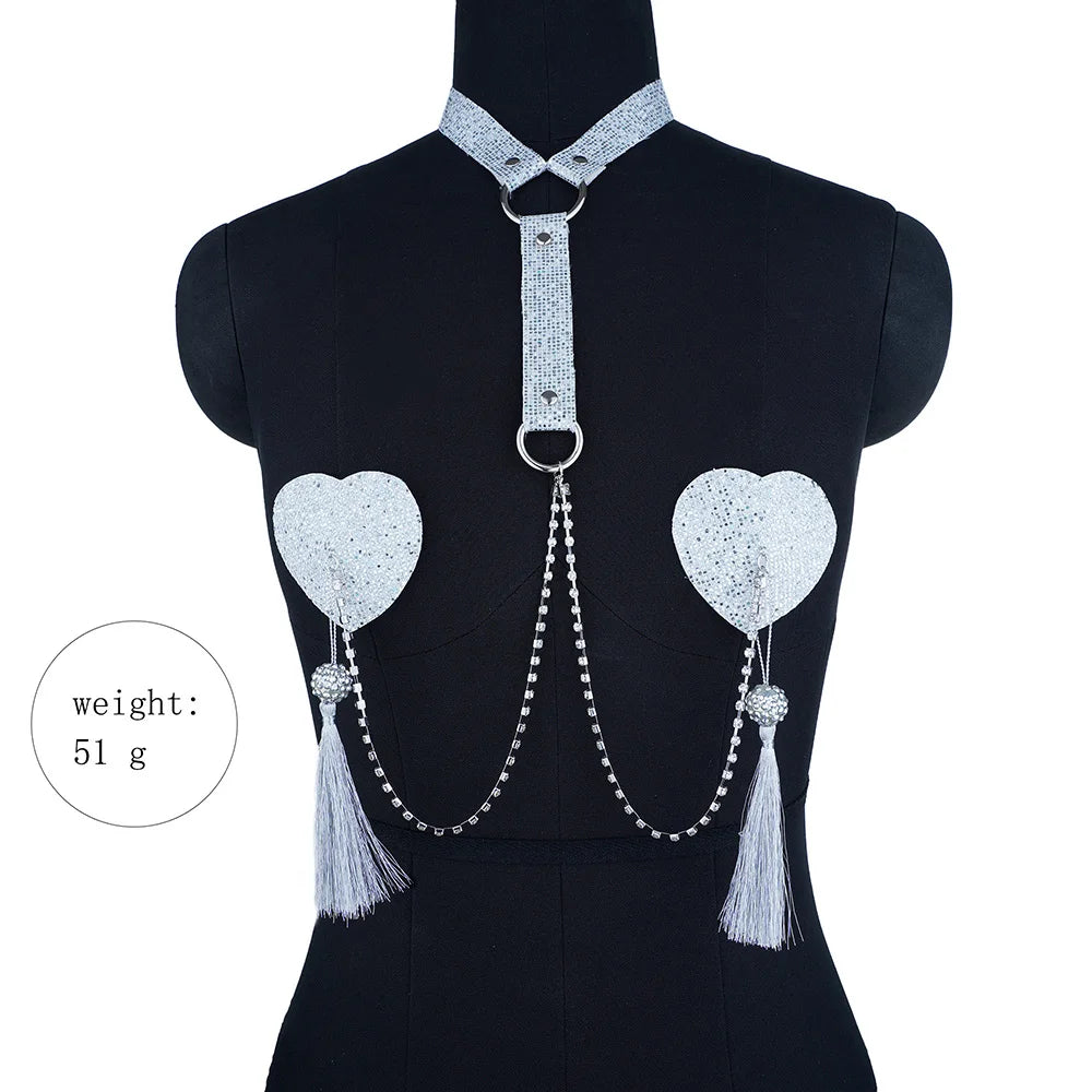 Sexy Metal Chain Linked Nipple Cover With Choker Nipple Pasties  Reusable Women Bondage Choker Collar Body Chain Sex Games Toys