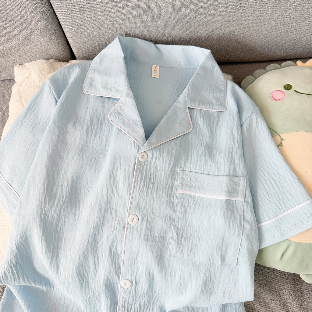Youth Men's Slim Fit New Pajama Set Solid Color Short Sleeve Lapel Top and Elastic Shorts Pajamas Summer Loungewear Sleepwear