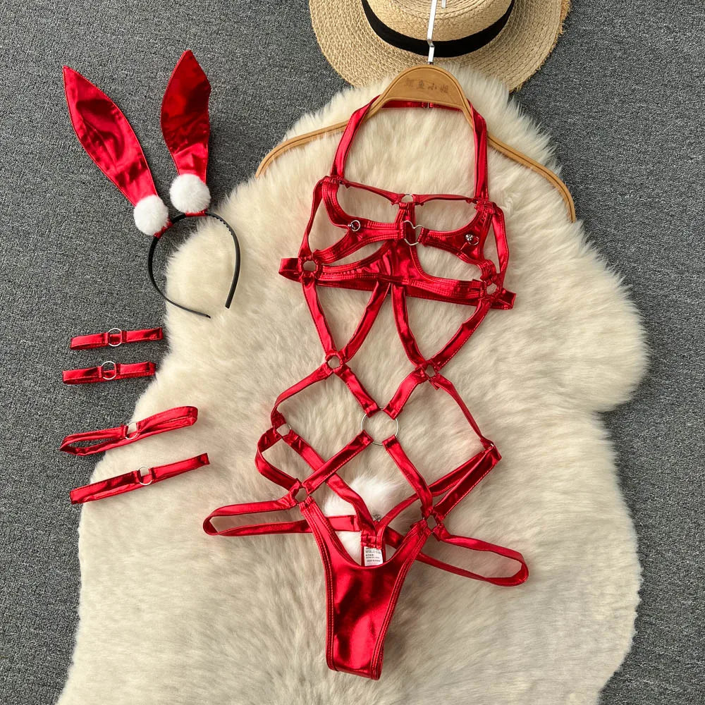 Red Christmas Cosplay Rabbit girl Jumpsuit Sexy Lingerie Belt Women New In Clothing Casual Backless Hollow Out Lace-up Bodysuit