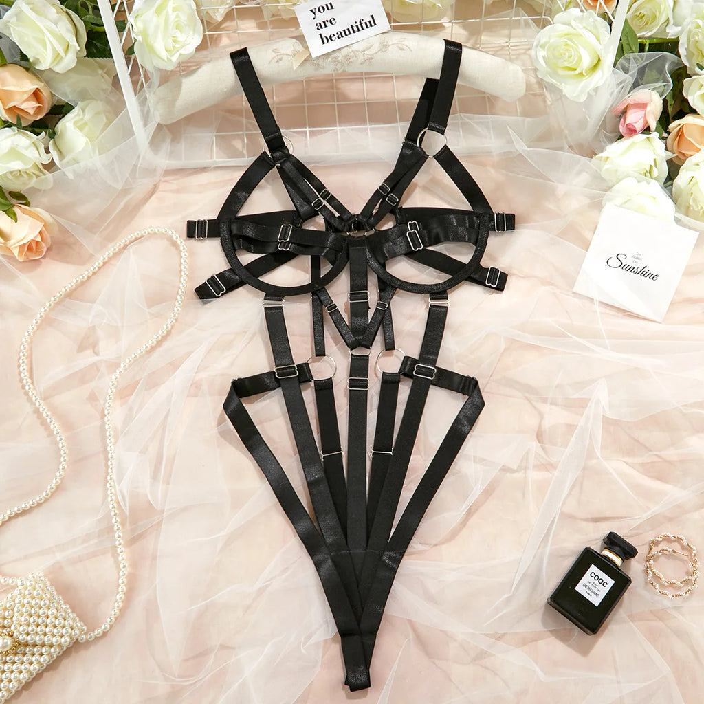 Women's Ribbon Splicing Steel Ring Backless Jumpsuit Underwear Sexy Solid Patchwork Steel Ring Bodysuit Perspective Intimates